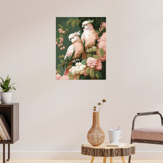 Poster Cockatoès Rose De Style vintage Aux Fleurs De Ceri