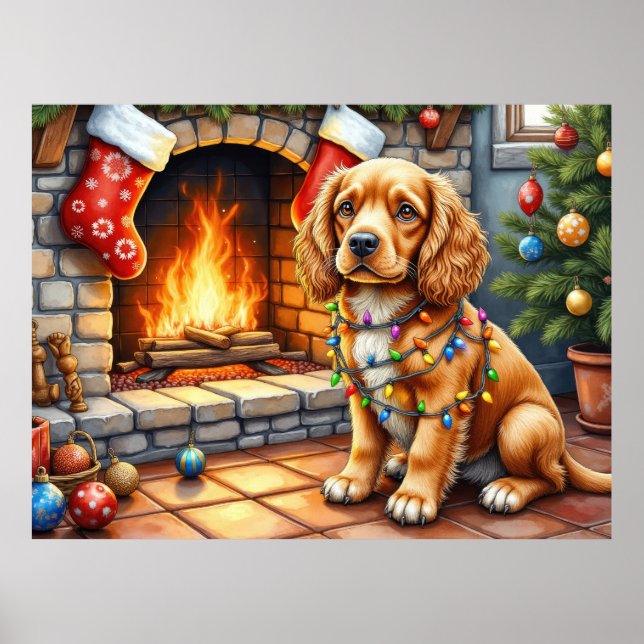 Poster Cocker Spaniel by Fireplace with Christmas Lights (Devant)