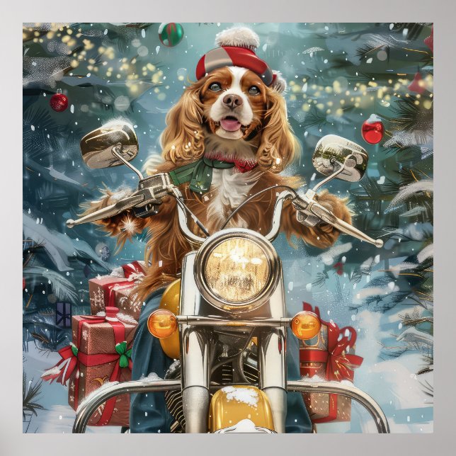 Poster Cocker Spaniel Chien équitation Moto Noël (Devant)