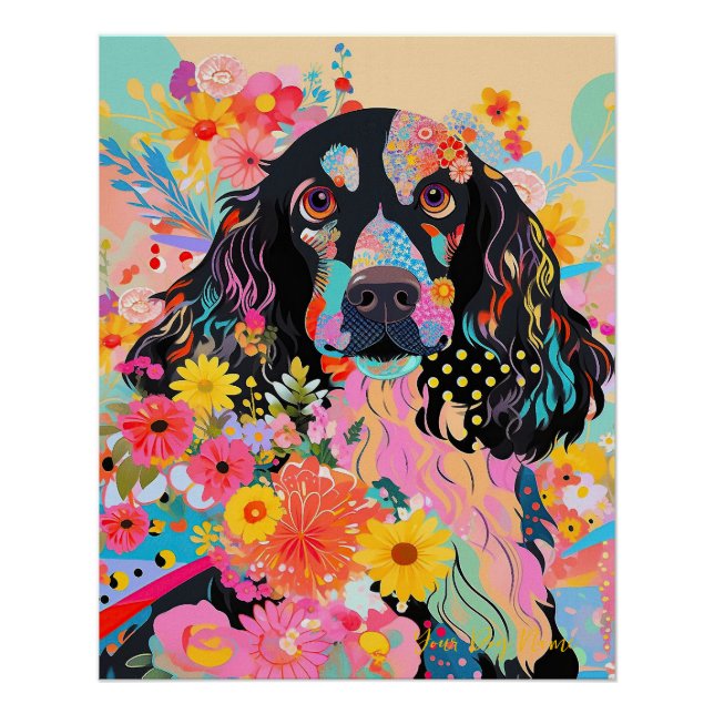 Poster Cocker Spaniel Chien et Fleurs 005 - Bijou sur mes (Devant)
