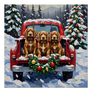 Poster Cocker Spaniel Noël Camion Rouge Fêtes 
