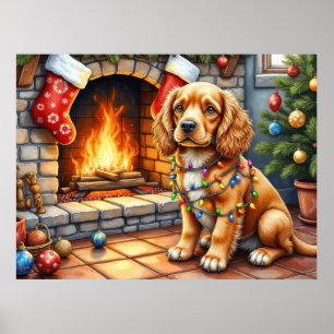 Poster Cocker Spaniel près de la cheminée avec des lumièr
