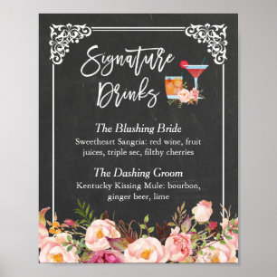 Poster Cocktail signature Floral Chalkboard Mariage