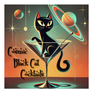 Poster Cocktails de chat noir cosmique futuriste atomique