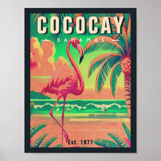 Poster CocoCay Bahamas Retro Flamant rose Souvenir 1950 (Devant)