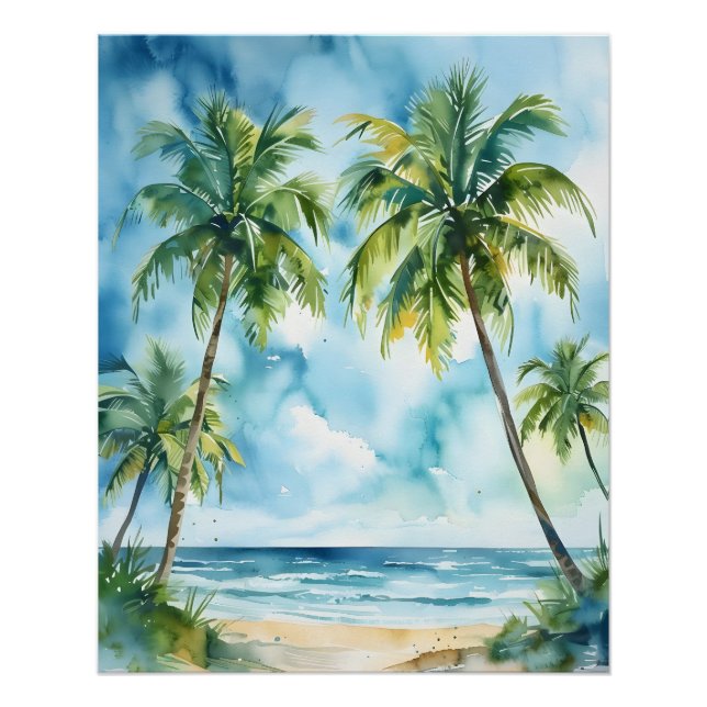 Poster Cocotiers aquarelle papier peint art arrière - pla (Devant)