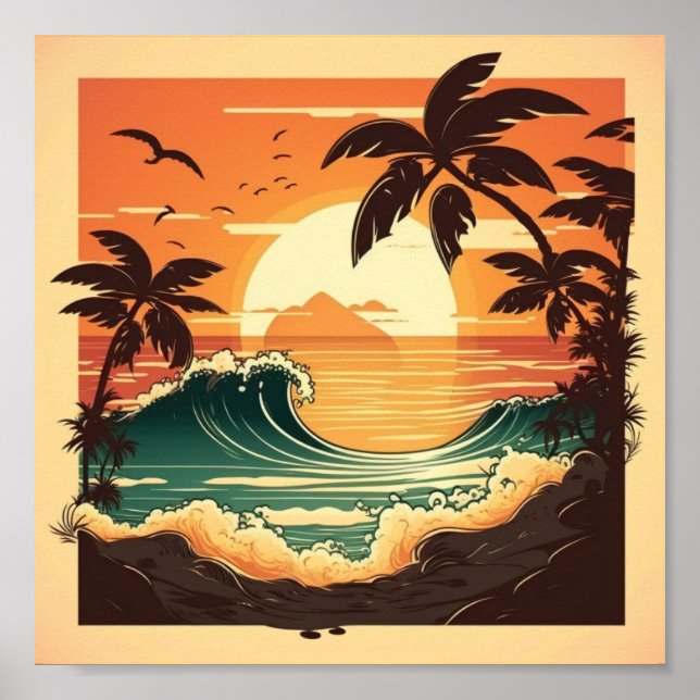 Poster Cocotiers et vagues océaniques (Devant)