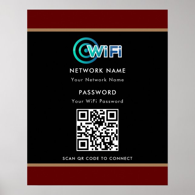 Poster Code QR personnalisé Mot de passe réseau Wifi Noir (Devant)