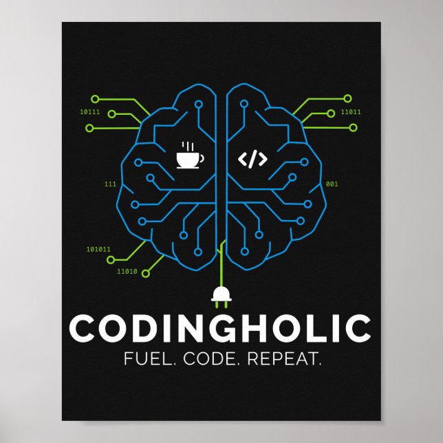 Poster Codingholic Tech Brain Programmeur Mode Sombre (Devant)