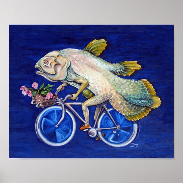 Poster Coelacanth à vélo avec fleurs (Devant)