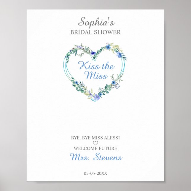 Poster Cœur à l'aquarelle florale avec feuilles en bleu (Devant)
