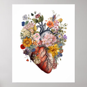 Poster Coeur anatomique avec fleurs Art #2BFE2
