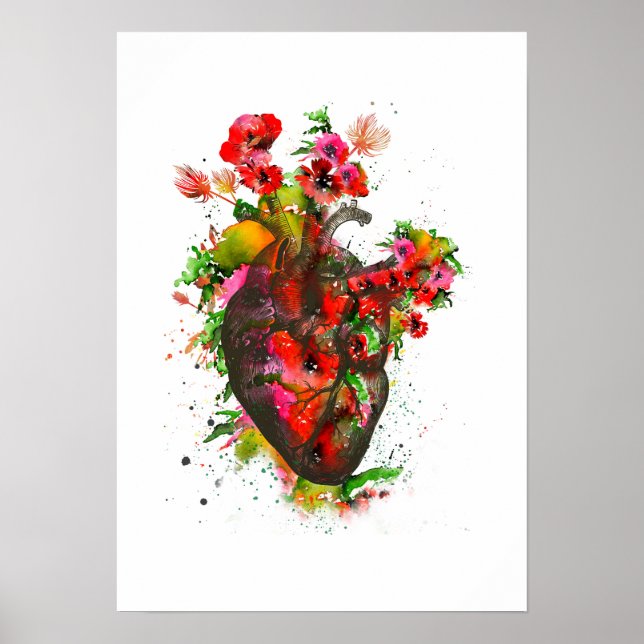 Poster Coeur anatomique avec fleurs, coeur floral (Devant)