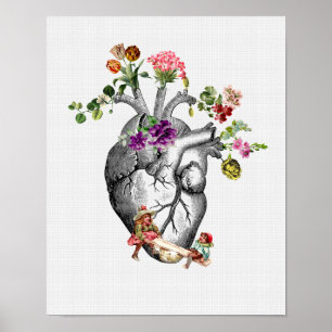 Poster Coeur anatomique et fleurs Prin cardiaque anatomiq