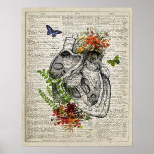 Poster Coeur avec fleurs Anatomie Dictionnaire Art