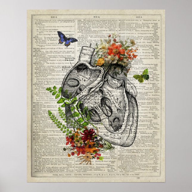 Poster Coeur avec fleurs Anatomie Dictionnaire Art (Devant)