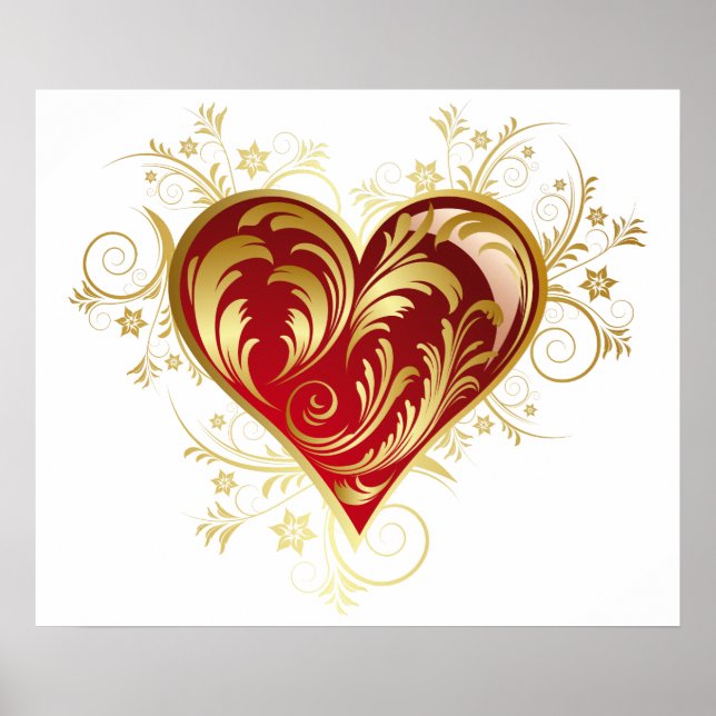 Poster Coeur d'amour rouge et or Filgree (Devant)