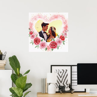 Poster Coeur d'aquarelle romantique avec étincelles d'or