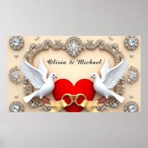 Poster Cœur de mariage diamant romantique avec colombes