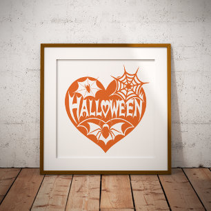 Poster Cœur d'Halloween, Forme de cœur orange, Toile d'ar