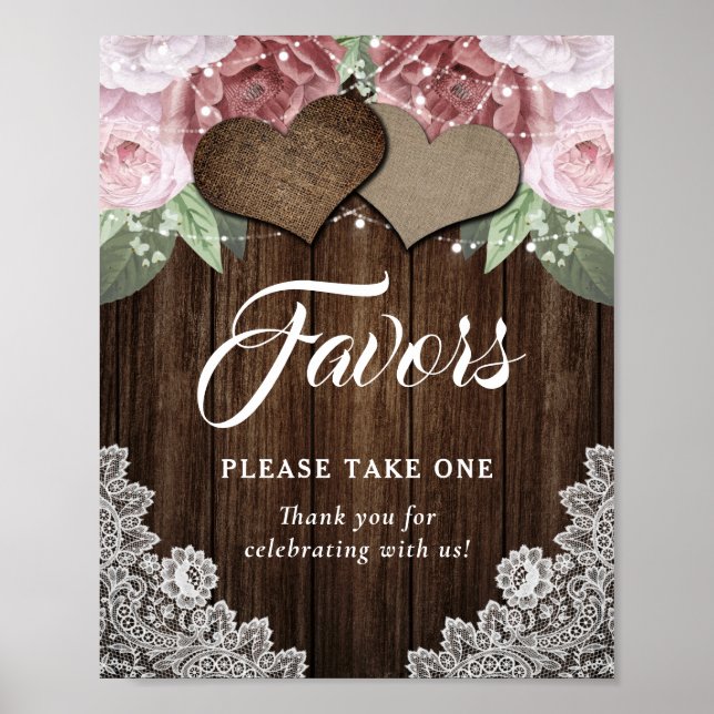 Poster Cœur en bois rustique Faveur de mariage floral ros (Devant)