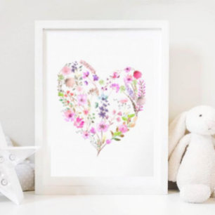 Poster Coeur floral Aquarelle rose Girl Décor