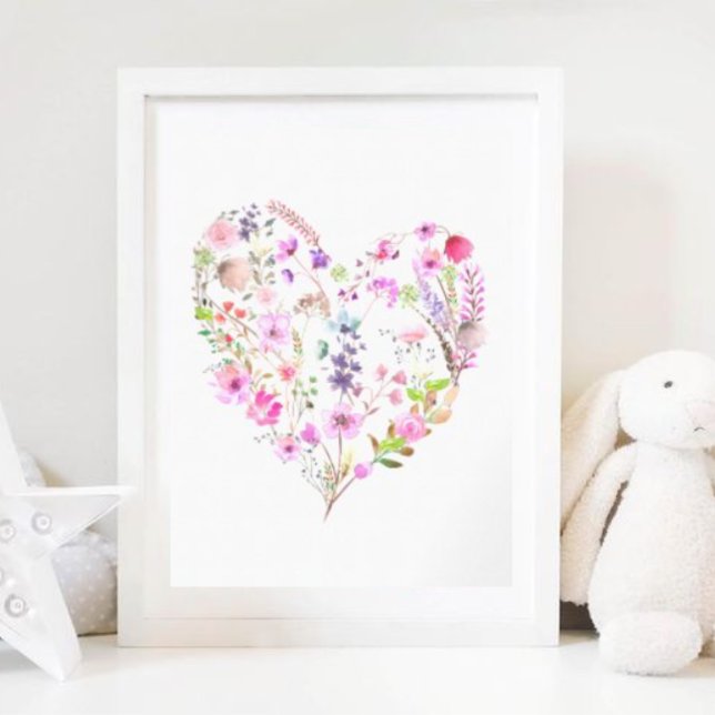 Poster Coeur floral Aquarelle rose Girl Décor (Créateur téléchargé)
