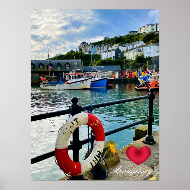 Poster Coeur personnalisé Mevagissey Harbour Lifebuoy Cor (Devant)