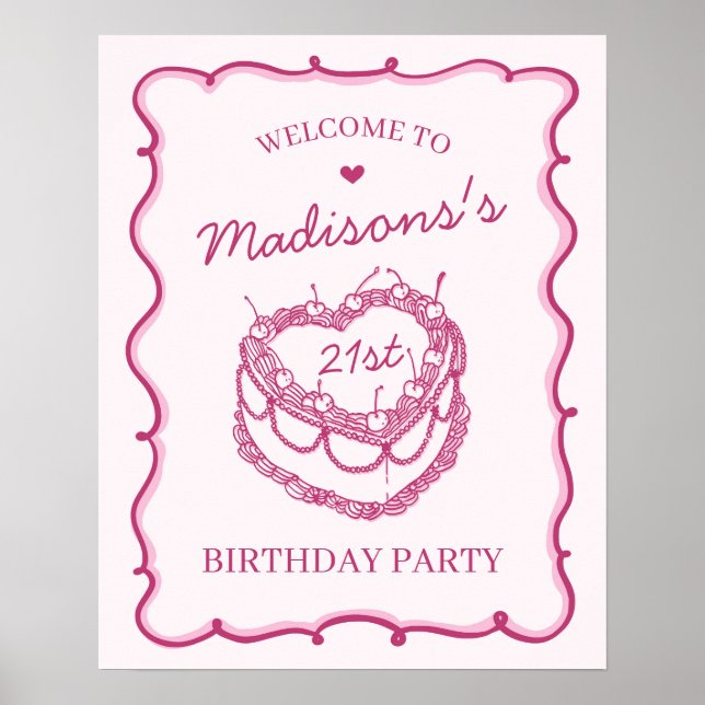 Poster Coeur rose Coquette gâteau cerise Bienvenue (Devant)