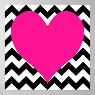 Poster Coeur rose profond sur Zigzag noir et blanc