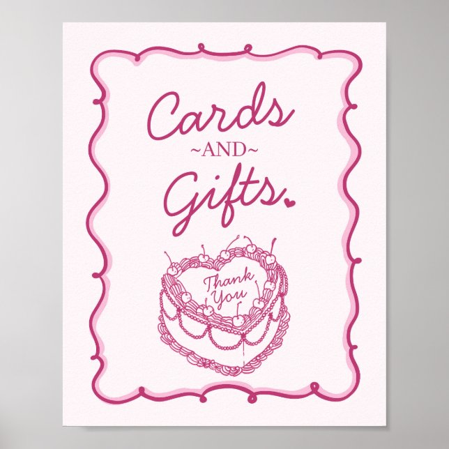 Poster Coeur rose rétro Coquette gâteau cerise Anniversai (Devant)