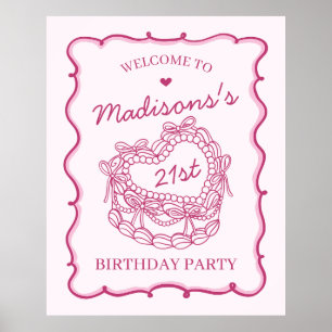 Poster Coeur rose rétro Coquette gâteau d'anniversaire Bi