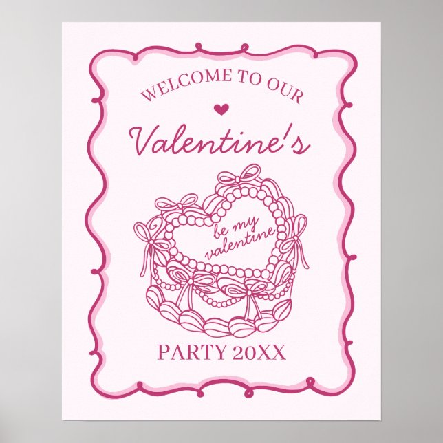 Poster Coeur rose rétro Coquette gâteau Saint-Valentin Bi (Devant)
