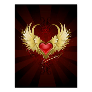 Poster Coeur rouge avec ailes d'or