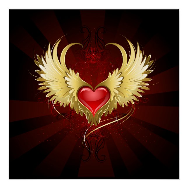 Poster Coeur rouge avec ailes d'or (Devant)
