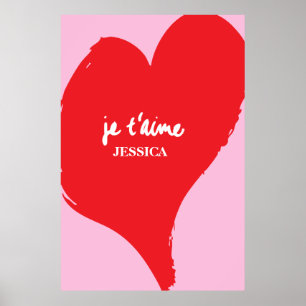 Poster Coeur rouge avec je t’aime-text sur arrière - plan