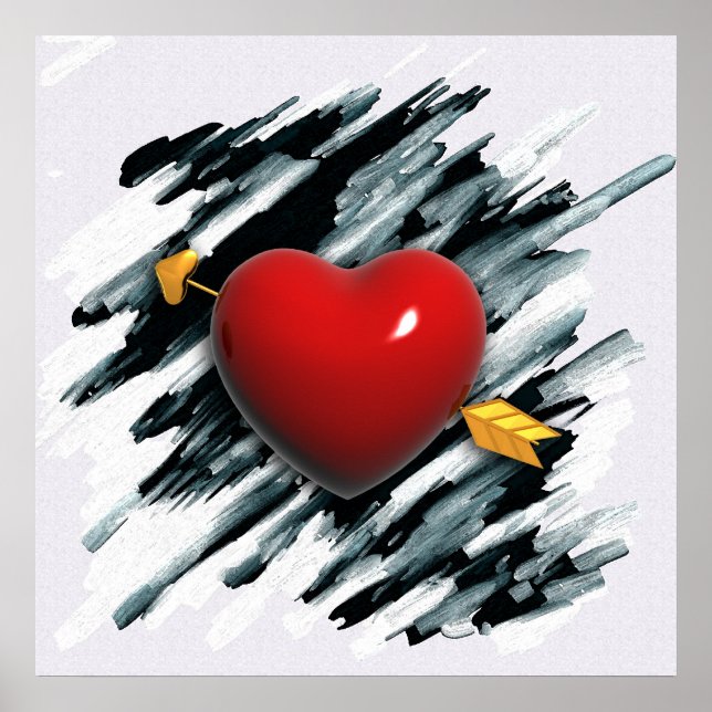 Poster Coeur rouge avec peinture Arrière - plan aquarelle (Devant)