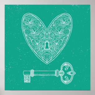 Poster Coeur verrouillé et clé sur Arrière - plan vert ém