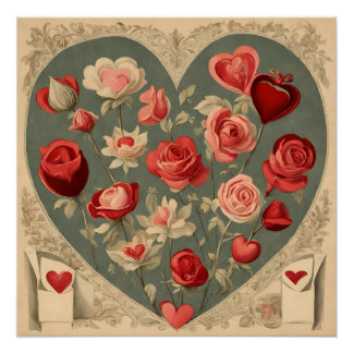Poster Coeur vintage de la Saint-Valentin avec Roses