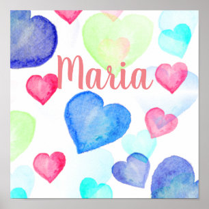 Poster Coeurs aquarelle