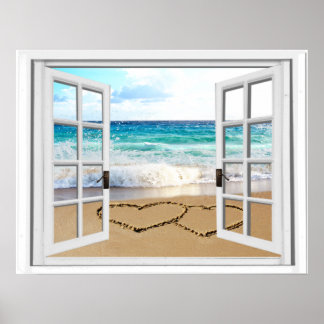 Poster Coeurs Dans Sand Faux Vue Plage