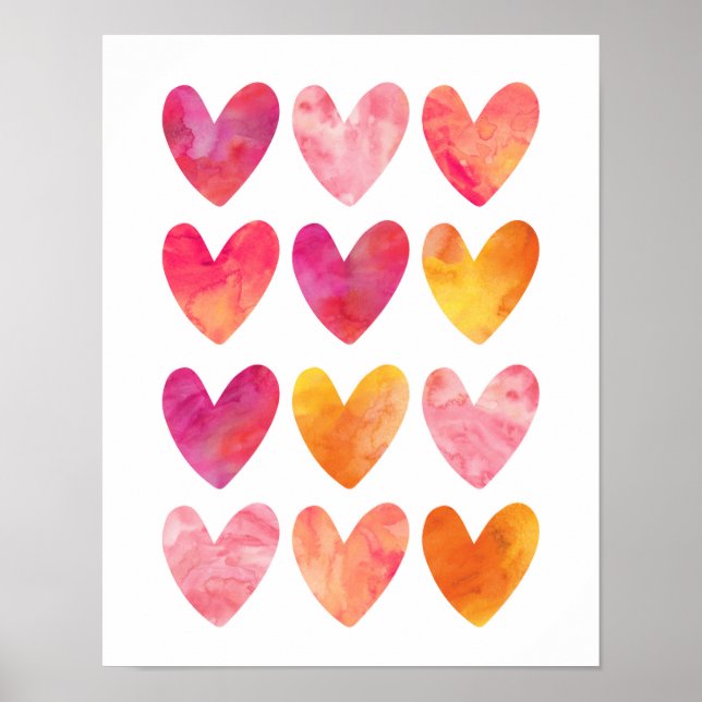 Poster Coeurs d'aquarelle rose et orange imprimé (Devant)