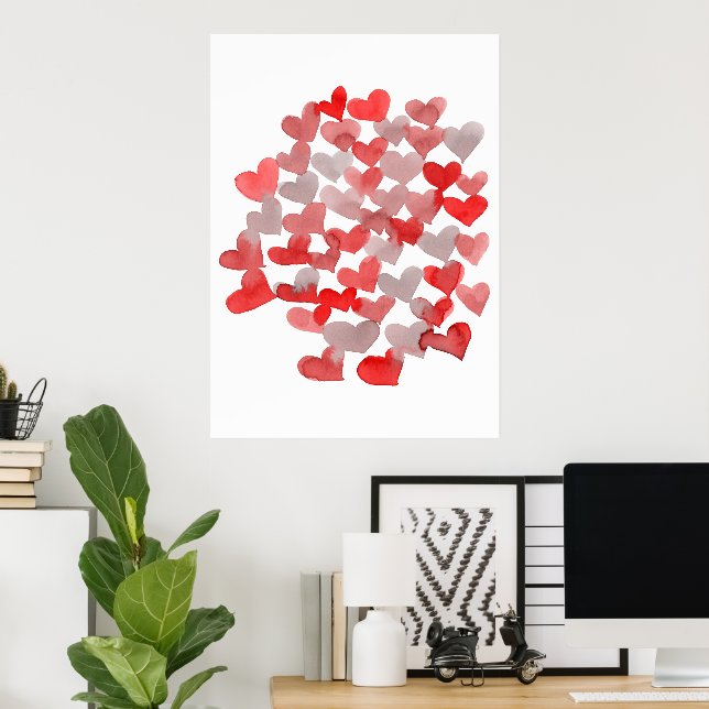 Poster Coeurs de la Saint Valentin - rouge et gris (Bureau à domicile)
