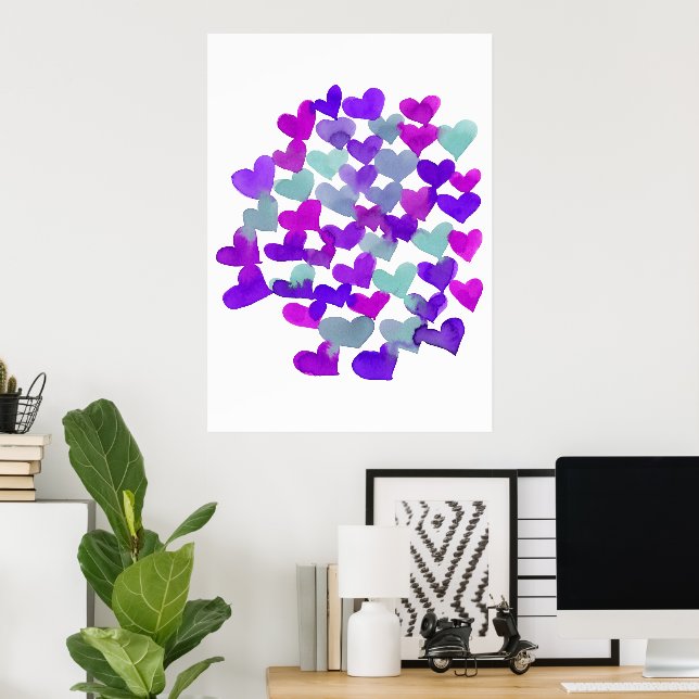 Poster Coeurs de la Saint Valentin - violet et aqua (Bureau à domicile)