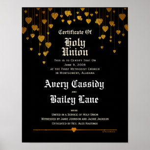 Poster Coeurs d'or, texte blanc, certificat de Mariage no