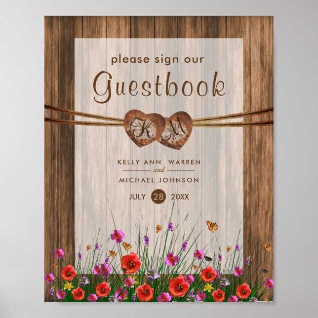 Poster Cœurs en bois monogrammes avec fleurs sauvages (Devant)