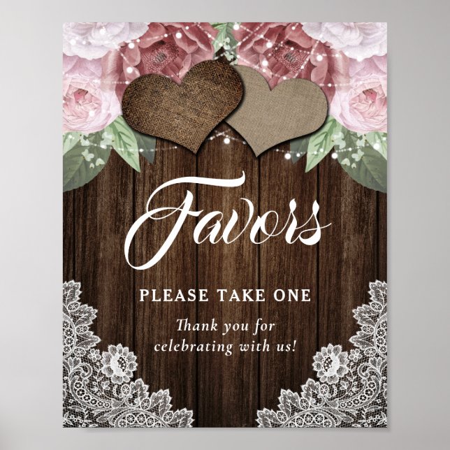 Poster Cœurs en bois rustique Faveur de mariage floral ro (Devant)