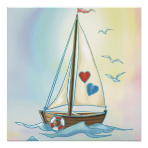 Poster Cœurs en voile – Bateau minimaliste aux voiles de