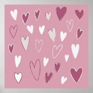 Poster Coeurs mignons Tirés À La Main Rose Blanc