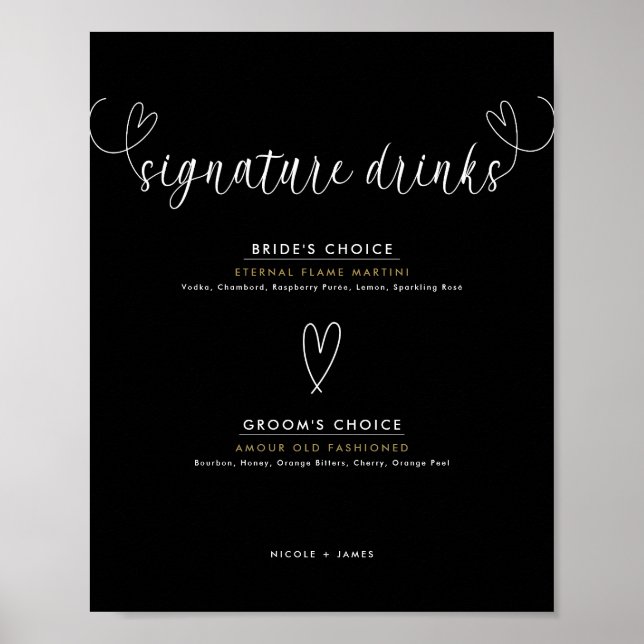 Poster Coeurs modernes Noir Blanc Mariage Signature Boiss (Devant)
